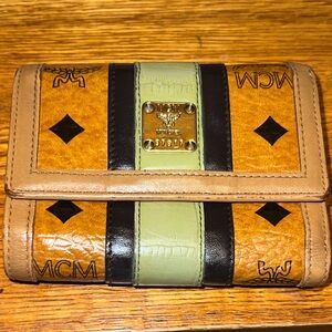MCM Brown and Black Wallet with Gold Detail